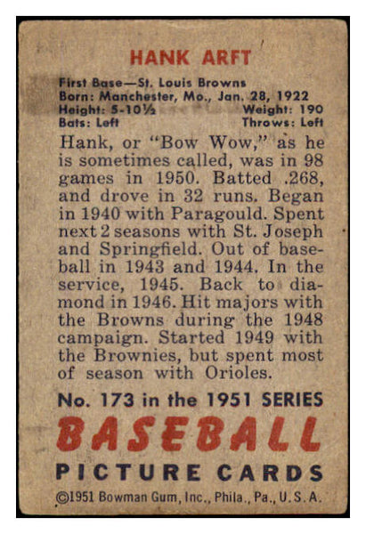 1951 Bowman Baseball #173 Hank Arft Browns VG-EX 489616