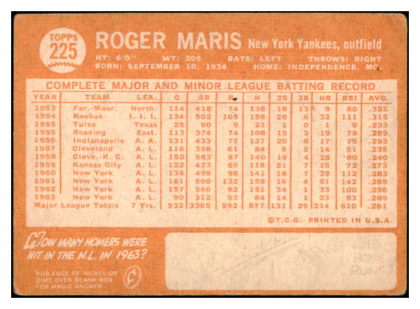 1964 Topps Baseball #225 Roger Maris Yankees VG 489654