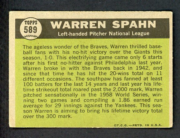 1961 Topps Baseball #589 Warren Spahn A.S. Braves VG 489712
