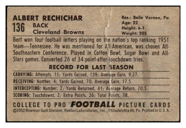 1952 Bowman Small Football #136 Al Rechichar Browns Good 489828