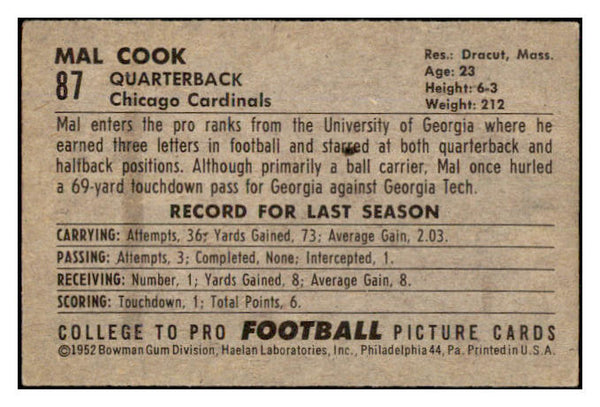 1952 Bowman Small Football #087 Mal Cook Cardinals VG-EX 489838