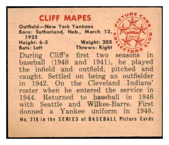 1950 Bowman Baseball #218 Cliff Mapes Yankees EX-MT No Copyright 490200