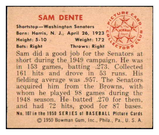 1950 Bowman Baseball #107 Sam Dente Senators NR-MT 490203