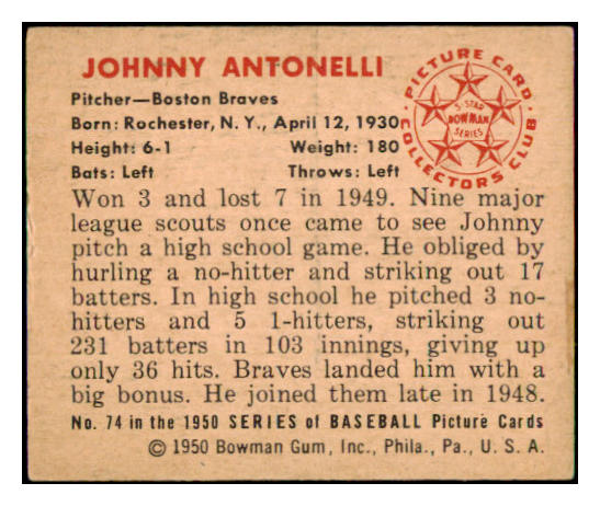 1950 Bowman Baseball #074 Johnny Antonelli Braves EX-MT 490260