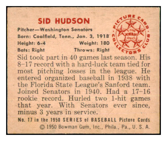 1950 Bowman Baseball #017 Sid Hudson Senators EX-MT 490319
