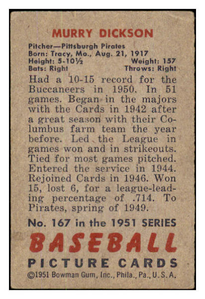 1951 Bowman Baseball #167 Murry Dickson Pirates VG 490418