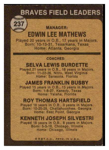 1973 Topps Baseball #237 Eddie Mathews Braves EX 490557