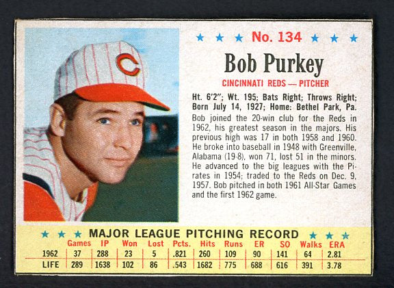 1963 Post Baseball #134 Bob Purkey Reds EX-MT 490632
