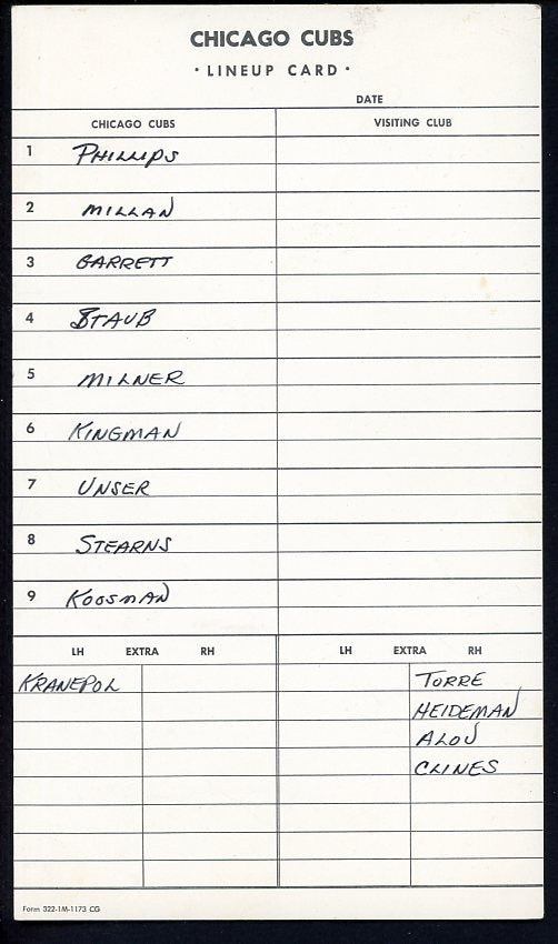 1975 Chicago Cubs Line Up Card Kingman Koosman Torre 490695