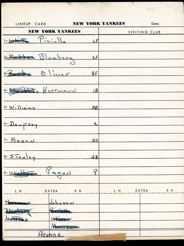 1975 New York Yankees Line Up Card Piniella Bonds 490696