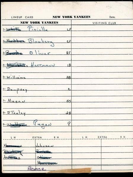 1975 New York Yankees Line Up Card Piniella Bonds 490696