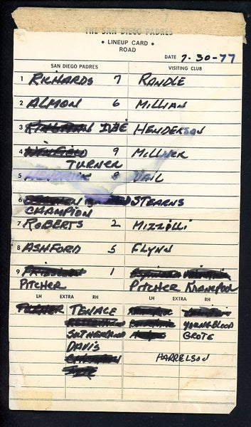 July 30 1977 San Diego Padres At New York Mets Line Up Card 490700