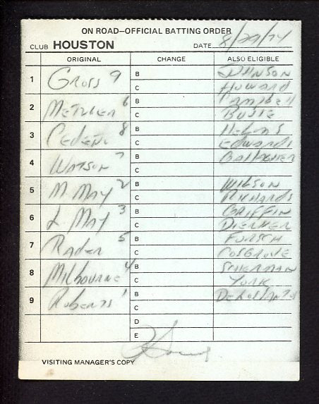 August 29 1974 Houston Astros Batting Order Card Watson Cedeno 490704