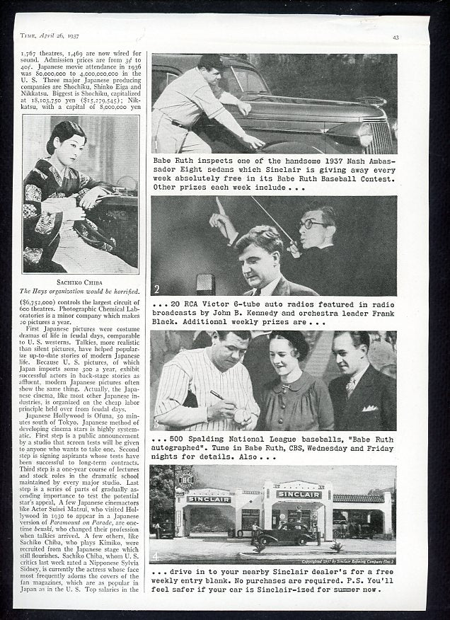 April 26 1937 Time Magazine Sinclair Oil Ad Babe Ruth 490712