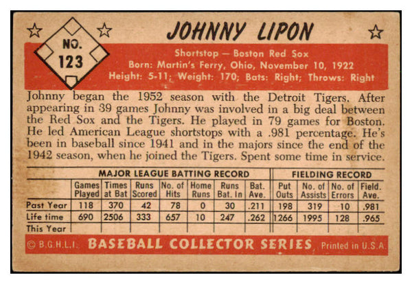 1953 Bowman Color Baseball #123 Johnny Lipon Red Sox VG-EX 490934