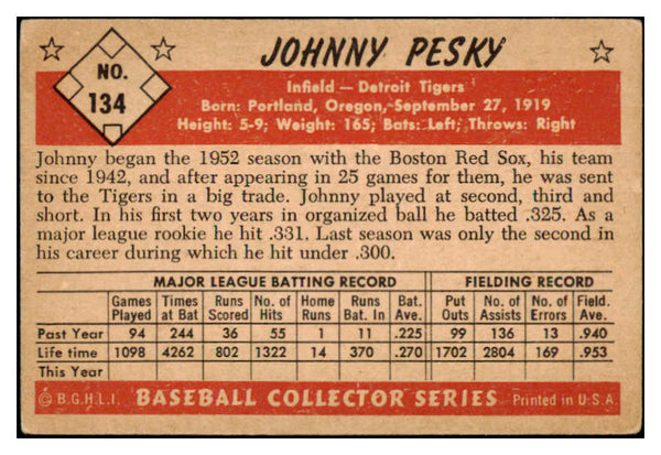 1953 Bowman Color Baseball #134 Johnny Pesky Tigers VG-EX 490950