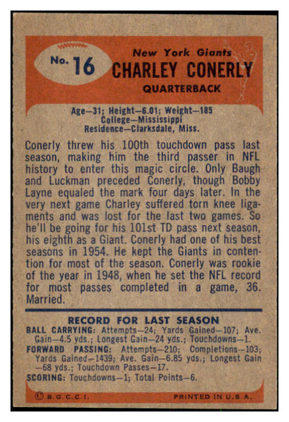 1955 Bowman Football #016 Charley Conerly Giants EX-MT 490972