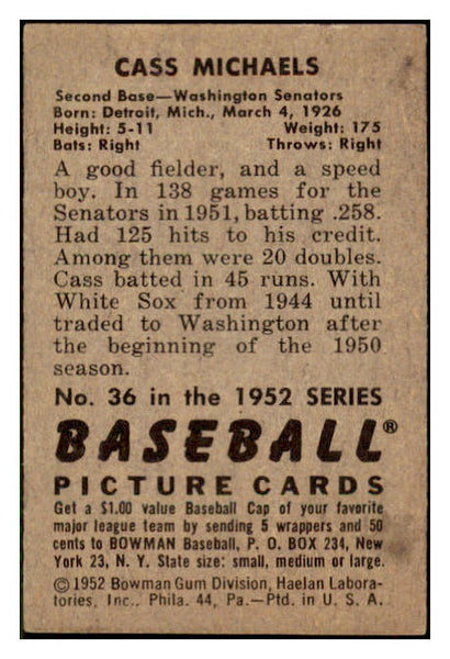 1952 Bowman Baseball #036 Cass Michaels Senators EX-MT 491024