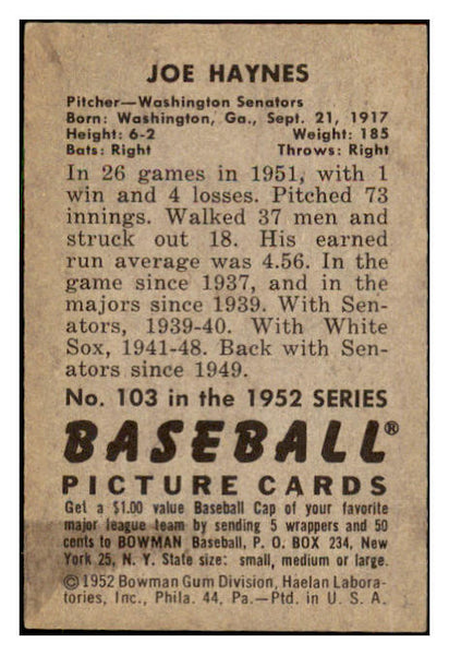 1952 Bowman Baseball #103 Joe Haynes Senators EX-MT 491083