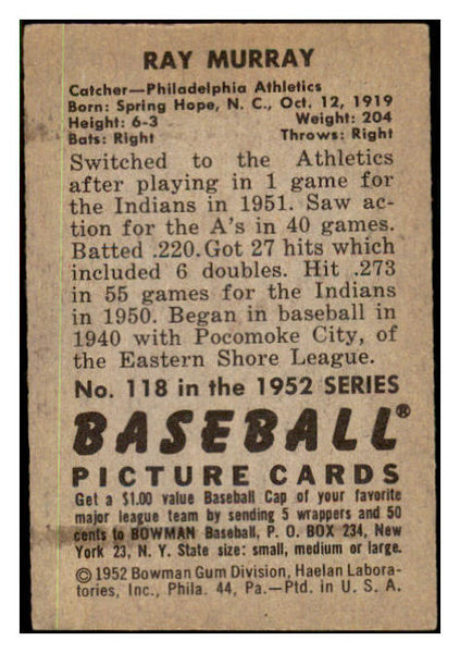 1952 Bowman Baseball #118 Ray Murray A's EX 491098