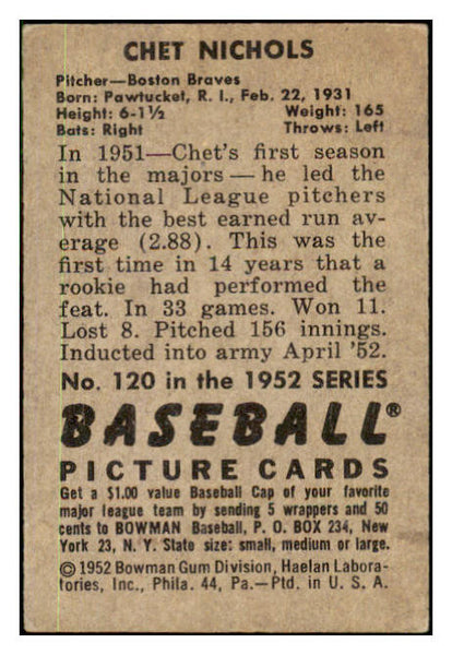 1952 Bowman Baseball #120 Chet Nichols Braves EX 491101