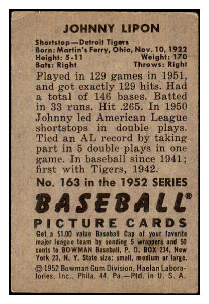 1952 Bowman Baseball #163 Johnny Lipon Tigers VG-EX 491145