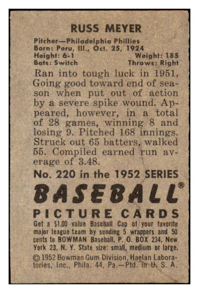 1952 Bowman Baseball #220 Russ Meyer Phillies EX 491178