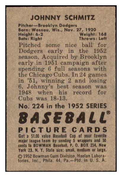 1952 Bowman Baseball #224 Johnny Schmitz Dodgers EX 491182