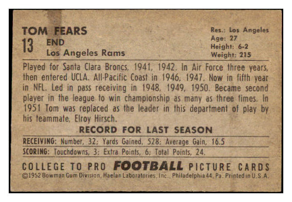 1952 Bowman Small Football #013 Tom Fears Rams EX-MT 491274