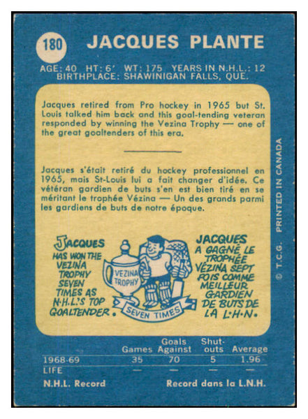 1969 O Pee Chee Hockey #180 Jacques Plante Blues EX-MT 491473