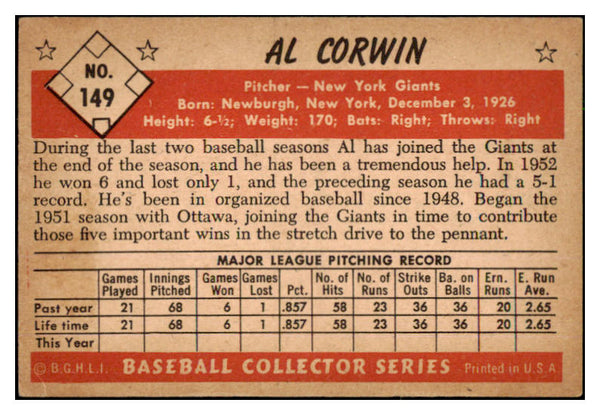 1953 Bowman Color Baseball #149 Al Corwin Giants EX-MT 491594