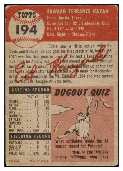 1953 Topps Baseball #194 Eddie Kazak Tigers VG-EX 491761