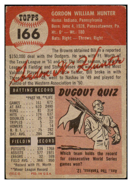 1953 Topps Baseball #166 Billy Hunter Browns GD-VG 491783