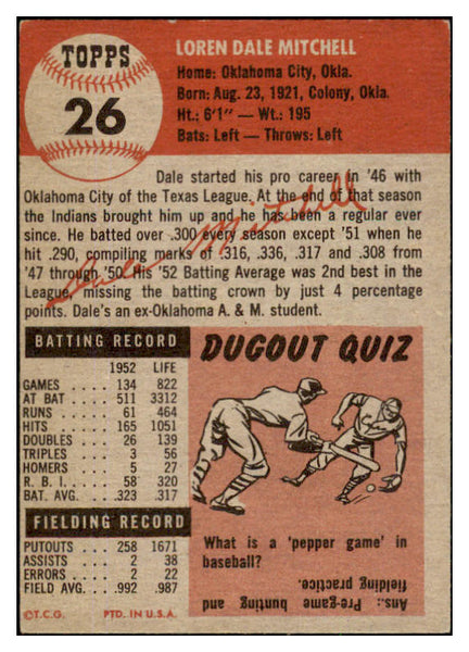 1953 Topps Baseball #026 Dale Mitchell Indians EX-MT 491880