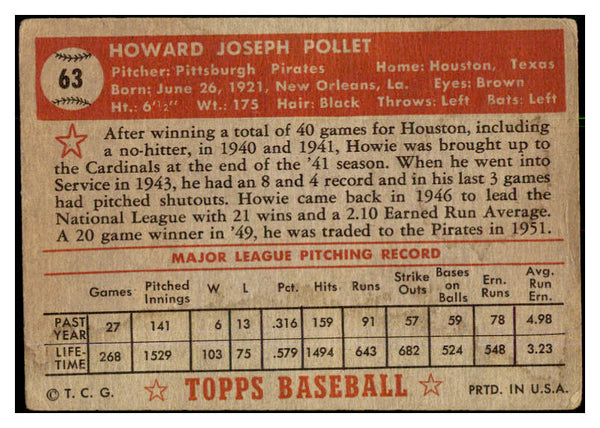 1952 Topps Baseball #063 Howie Pollet Pirates GD-VG Red 491910