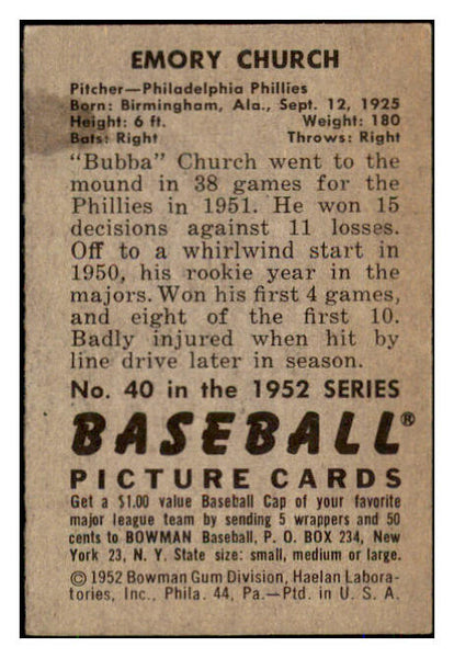 1952 Bowman Baseball #040 Bubba Church Phillies EX-MT 491971