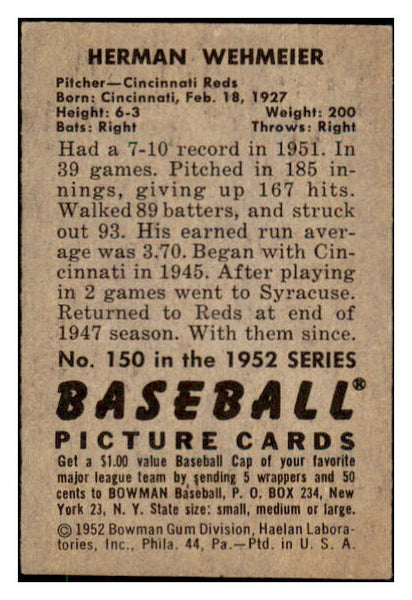 1952 Bowman Baseball #150 Herman Wehmeier Reds EX 492071
