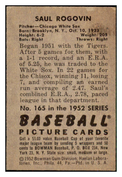 1952 Bowman Baseball #165 Saul Rogovin White Sox EX 492085