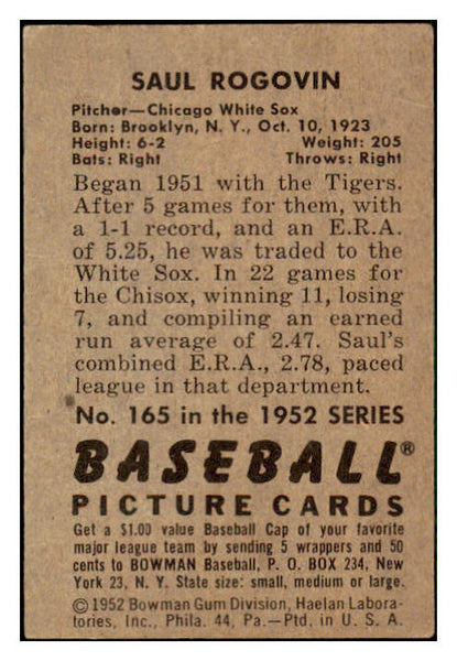 1952 Bowman Baseball #165 Saul Rogovin White Sox VG-EX 492086