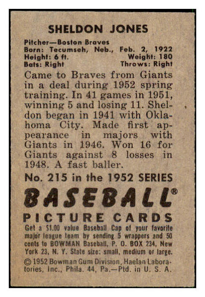 1952 Bowman Baseball #215 Sheldon Jones Braves EX 492155