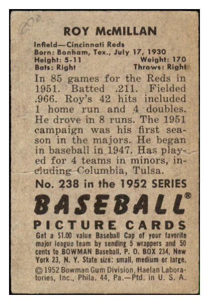 1952 Bowman Baseball #238 Roy McMillan Reds GD-VG 492172