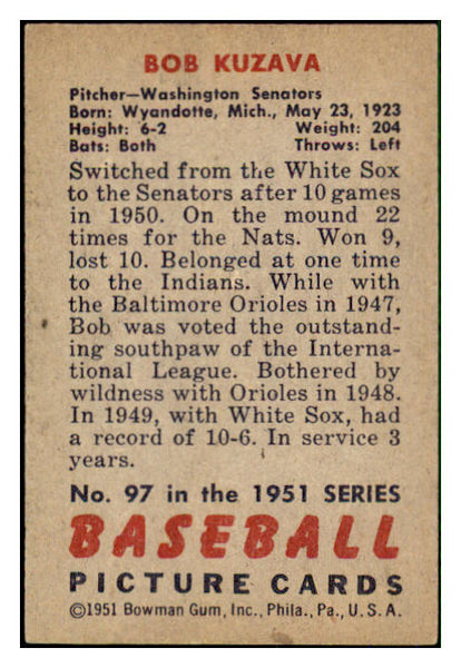 1951 Bowman Baseball #097 Bob Kuzava Senators EX-MT 492182