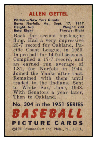 1951 Bowman Baseball #304 Allen Gettel Giants EX-MT 492193