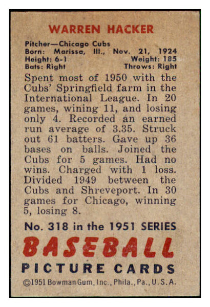 1951 Bowman Baseball #318 Warren Hacker Cubs VG-EX 492206