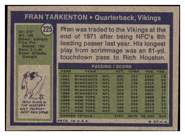 1972 Topps Football #225 Fran Tarkenton Vikings EX-MT 492260