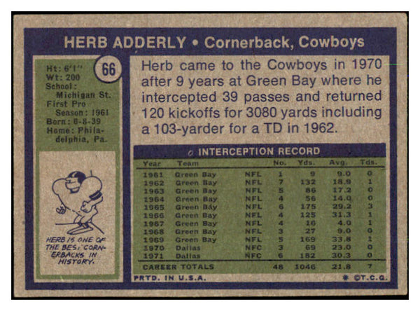 1972 Topps Football #066 Herb Adderly Cowboys EX 492287