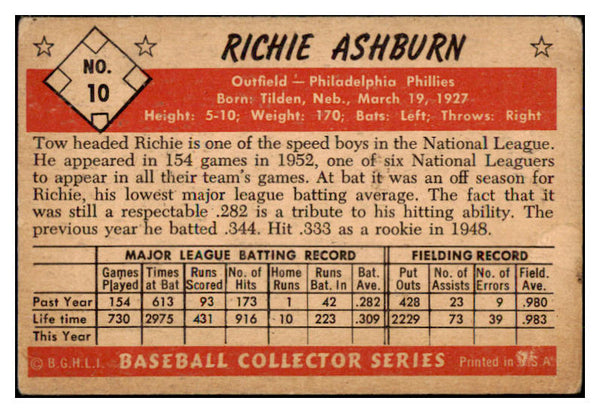 1953 Bowman Color Baseball #010 Richie Ashburn Phillies Good 492341