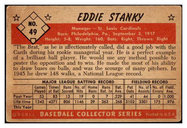1953 Bowman Color Baseball #049 Eddie Stanky Cardinals VG-EX 492389