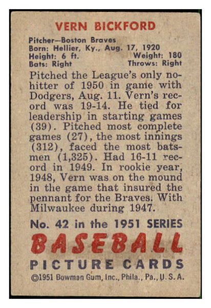 1951 Bowman Baseball #042 Vern Bickford Braves EX-MT 492537