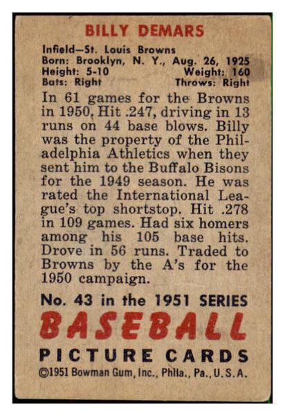 1951 Bowman Baseball #043 Billy Demars Browns VG-EX 492538